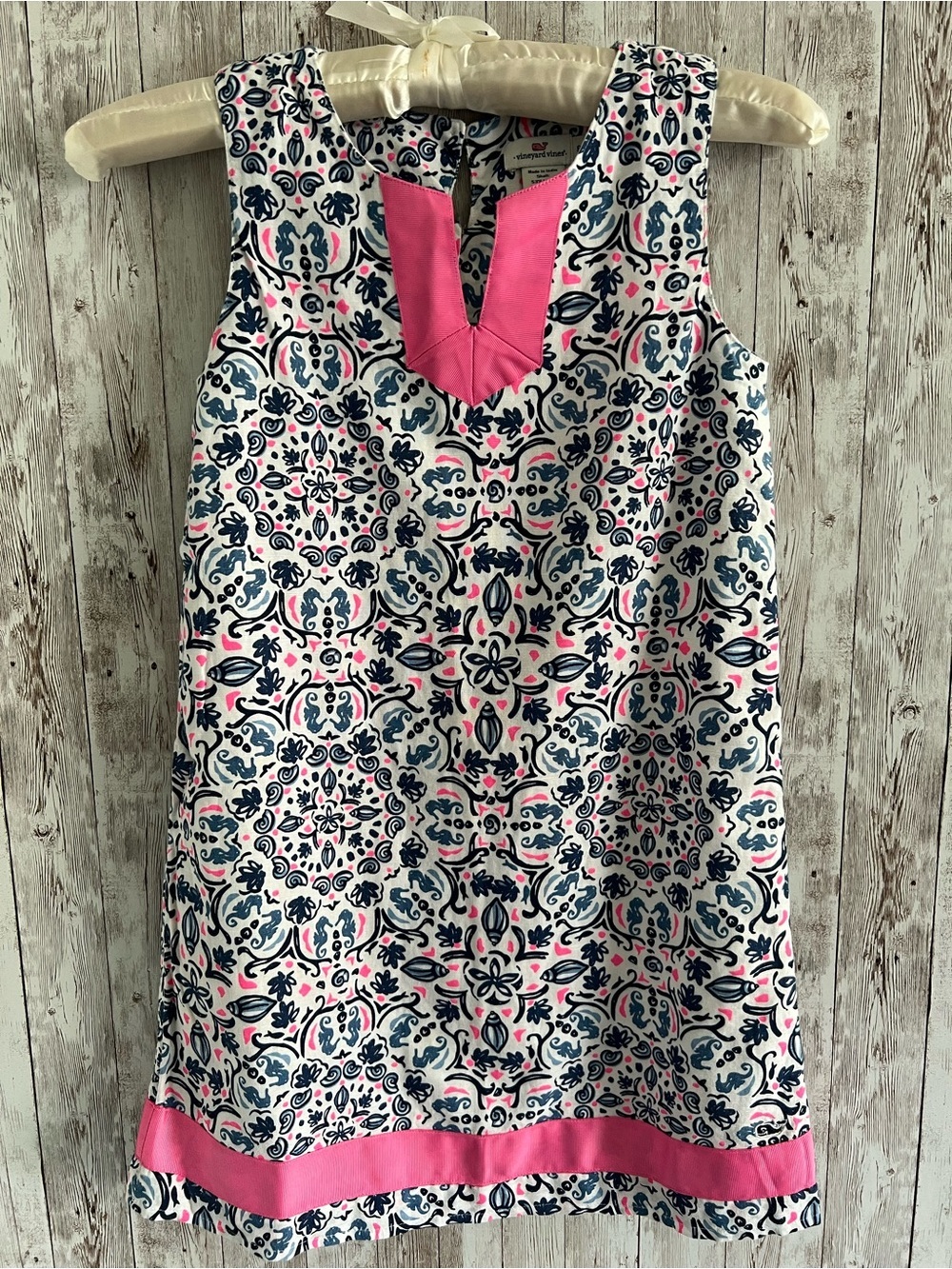 Vineyard Vines Girls White Navy and Pink Printed Nautical Seashell Linen Dress 8